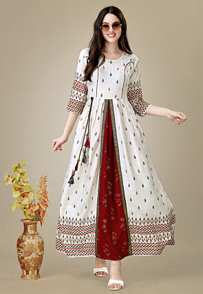 Digital Printed Rayon Long Kurta in Off White