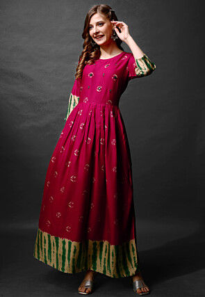 Digital Printed Rayon Long Kurta in Pink