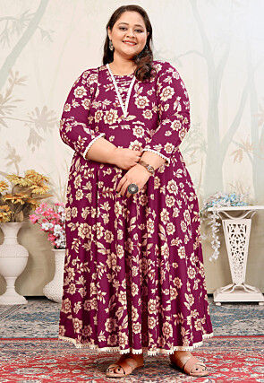 Digital Printed Rayon Long Kurta in Purple