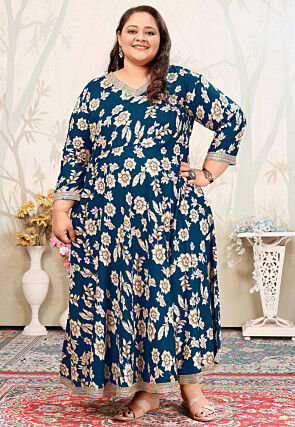 Digital Printed Rayon Long Kurta in Teal Blue