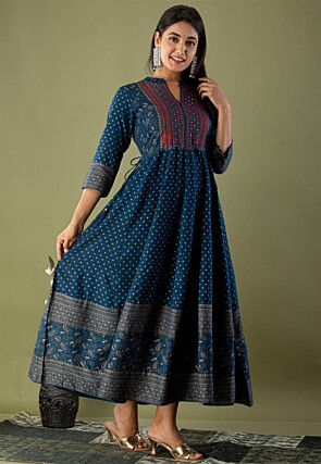 Digital Printed Rayon Long Kurta in Teal Blue