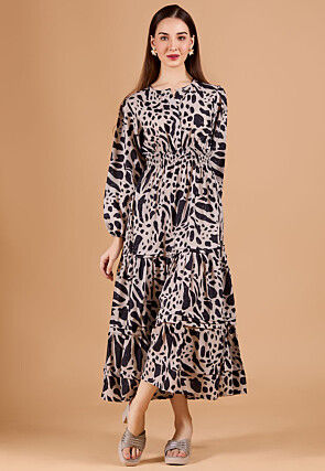 Digital Printed Rayon Maxi Dress in Beige and Black