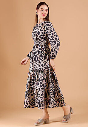 Digital Printed Rayon Maxi Dress in Beige and Black