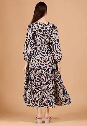 Digital Printed Rayon Maxi Dress in Beige and Black