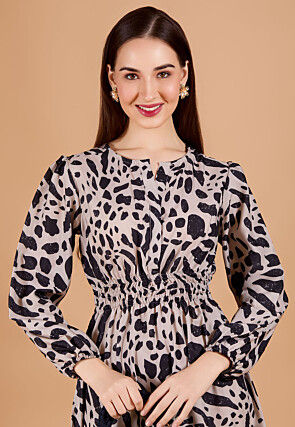 Digital Printed Rayon Maxi Dress in Beige and Black