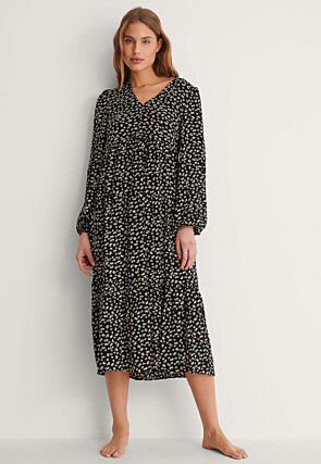 Digital Printed Rayon Maxi Dress in Black