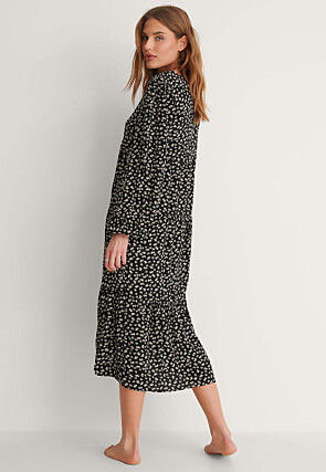 Digital Printed Rayon Maxi Dress in Black