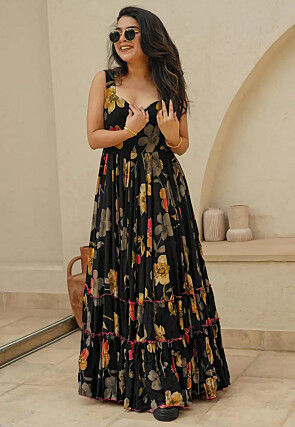 Digital Printed Rayon Maxi Dress in Black