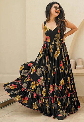 Digital Printed Rayon Maxi Dress in Black