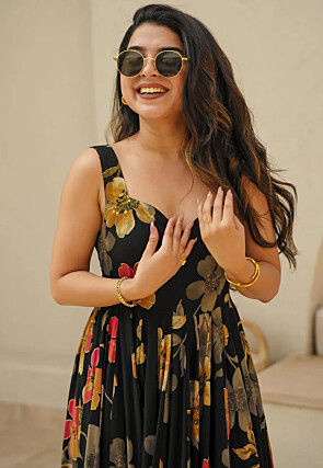 Digital Printed Rayon Maxi Dress in Black