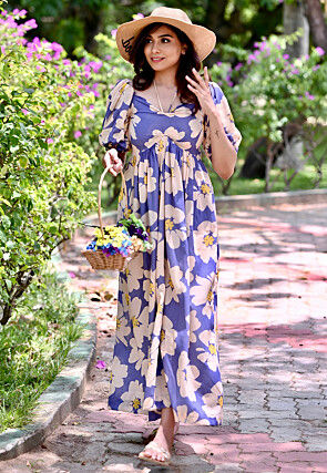 Digital Printed Rayon Maxi Dress in Blue