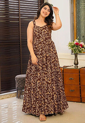 Digital Printed Rayon Maxi Dress in Brown