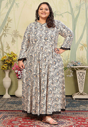 Digital Printed Rayon Maxi Dress in Cream