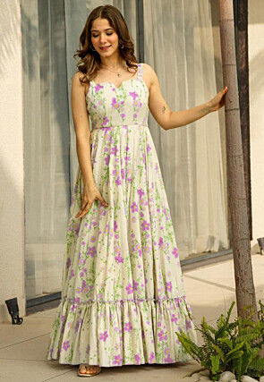 Digital Printed Rayon Maxi Dress in Cream