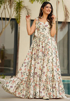 Digital Printed Rayon Maxi Dress in Cream