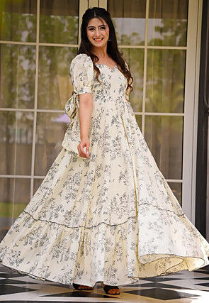 Digital Printed Rayon Maxi Dress in Cream