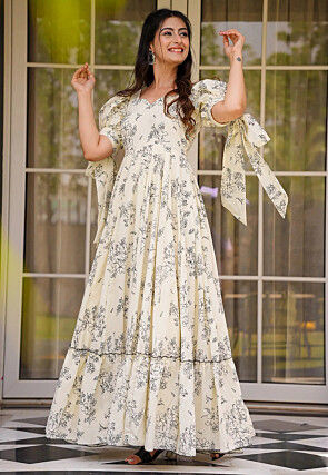 Digital Printed Rayon Maxi Dress in Cream