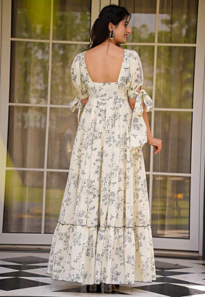 Digital Printed Rayon Maxi Dress in Cream