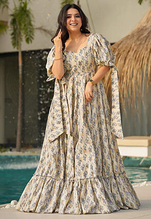 Digital Printed Rayon Maxi Dress in Cream