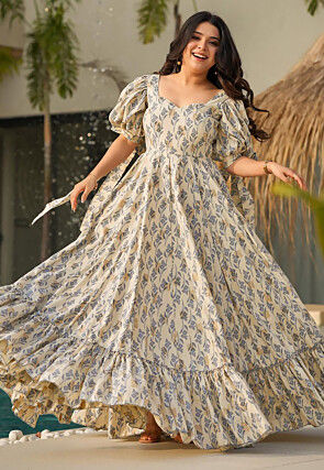 Digital Printed Rayon Maxi Dress in Cream