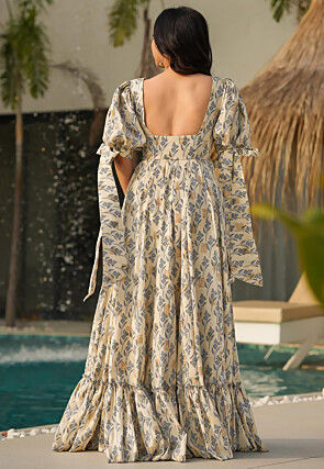 Digital Printed Rayon Maxi Dress in Cream