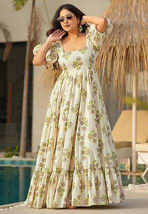 Digital Printed Rayon Maxi Dress in Cream