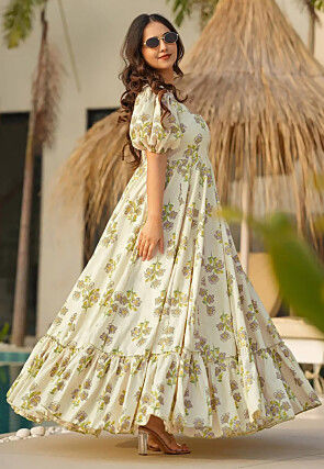 Digital Printed Rayon Maxi Dress in Cream