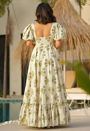 Digital Printed Rayon Maxi Dress in Cream