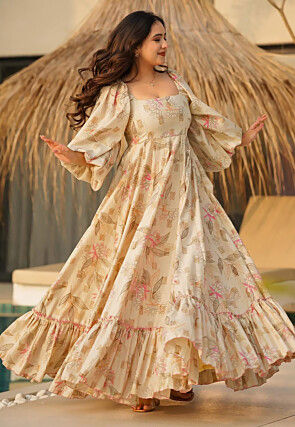 Digital Printed Rayon Maxi Dress in Cream