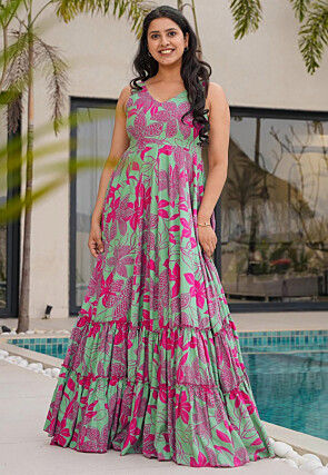Digital Printed Rayon Maxi Dress in Green