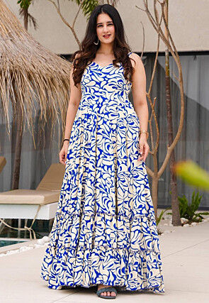 Digital Printed Rayon Maxi Dress in Off White