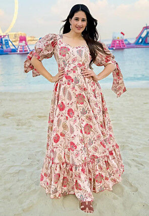 Digital Printed Rayon Maxi Dress in Peach