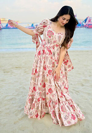 Digital Printed Rayon Maxi Dress in Peach