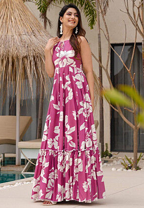 Digital Printed Rayon Maxi Dress in Pink