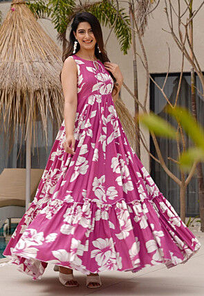 Digital Printed Rayon Maxi Dress in Pink