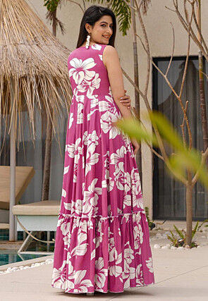 Digital Printed Rayon Maxi Dress in Pink