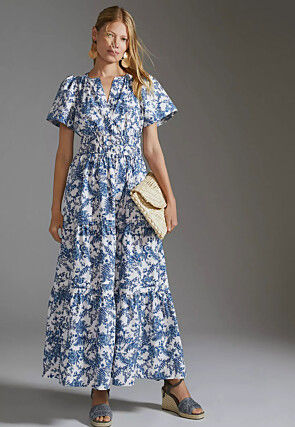 Digital Printed Rayon Maxi Dress in White