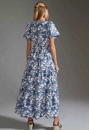 Digital Printed Rayon Maxi Dress in White