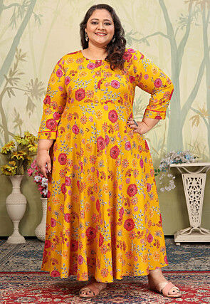 Digital Printed Rayon Maxi Dress in Yellow