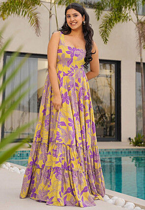 Digital Printed Rayon Maxi Dress in Yellow