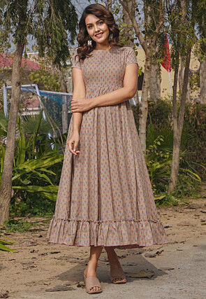 Digital Printed Rayon Midi Dress in Beige