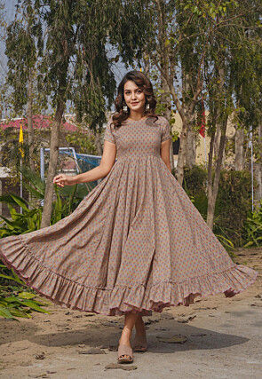 Digital Printed Rayon Midi Dress in Beige