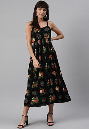 Digital Printed Rayon Midi Dress in Black