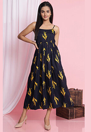 Digital Printed Rayon Midi Dress in Navy Blue