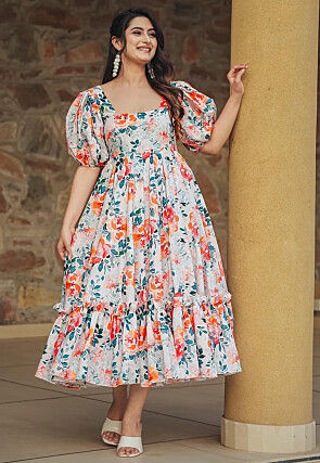 Digital Printed Rayon Midi Dress in Off White