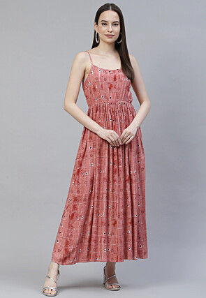 Digital Printed Rayon Midi Dress in Peach