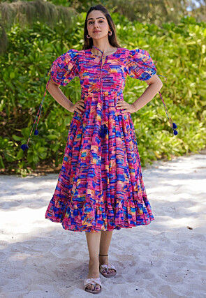 Digital Printed Rayon Midi Dress in Pink