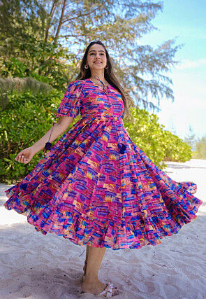 Digital Printed Rayon Midi Dress in Pink