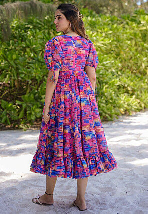 Digital Printed Rayon Midi Dress in Pink