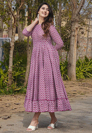 Digital Printed Rayon Midi Dress in Purple